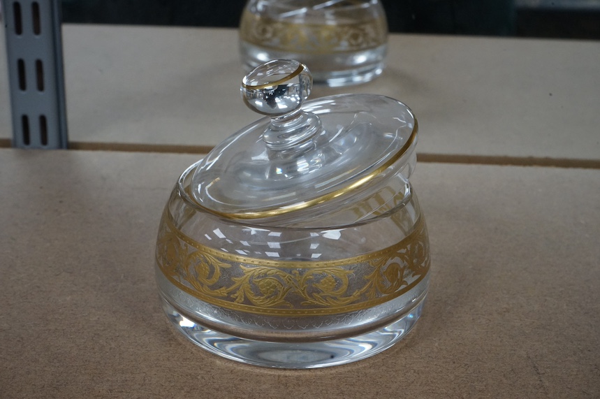 A St Louis gilded glass powder bowl and cover, 9cm tall. Condition - good (wear to base)